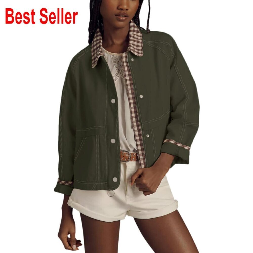 Cropped Bomber Jacket Plaid Zip Up Casual Gingham Fall Coat with Pockets